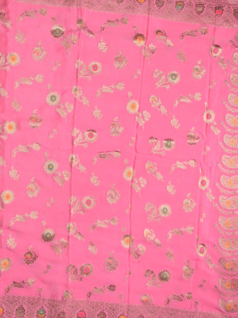 Chinnon fancy saree light pink color allover zari weaves & zari border with rich pallu and attached self blouse