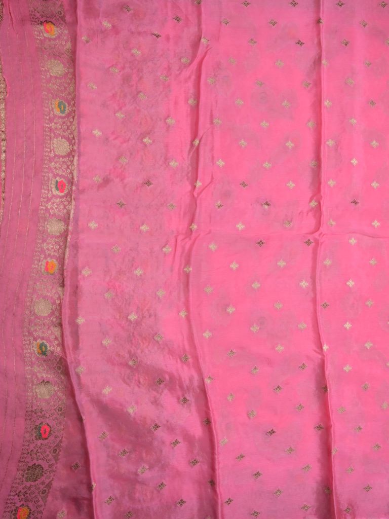 Chinnon fancy saree light pink color allover zari weaves & zari border with rich pallu and attached self blouse