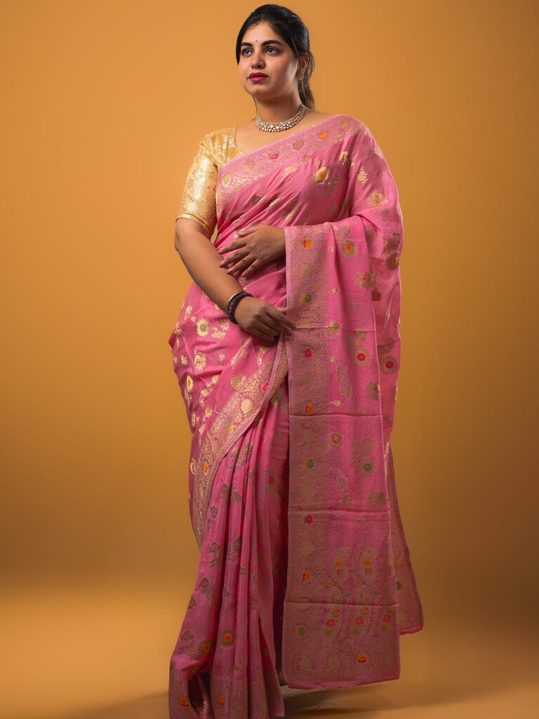 Chinnon fancy saree light pink color allover zari weaves & zari border with rich pallu and attached self blouse