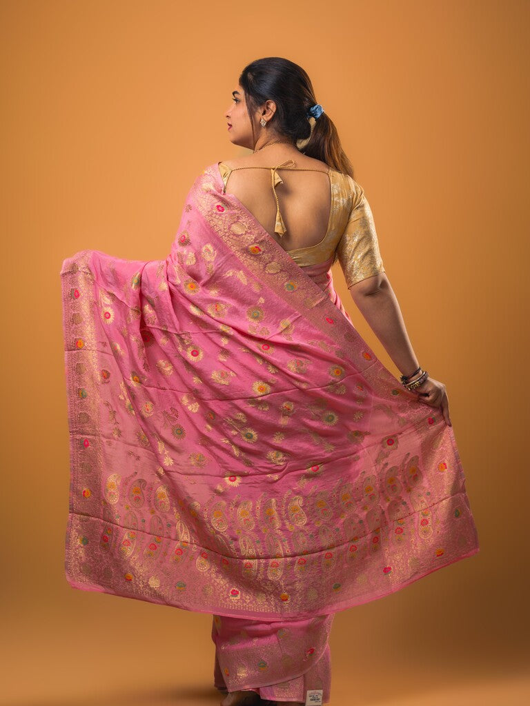 Chinnon fancy saree light pink color allover zari weaves & zari border with rich pallu and attached self blouse