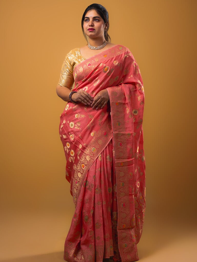 Chinnon fancy saree coral pink color allover zari weaves & zari border with rich pallu and attached self blouse