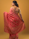 Chinnon fancy saree coral pink color allover zari weaves & zari border with rich pallu and attached self blouse