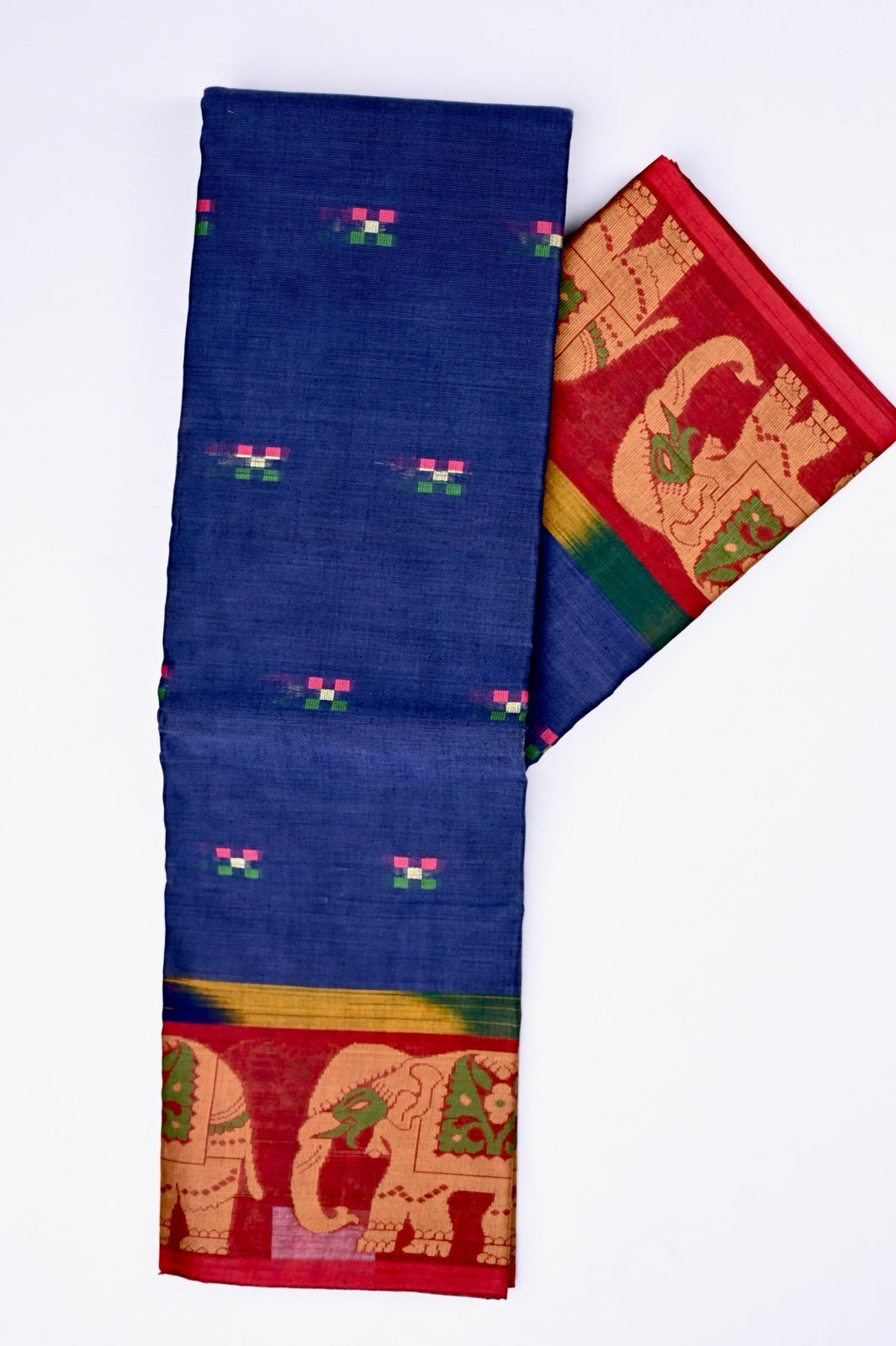 Dhaka cotton blue and red color with allover thread motives, thread border, contrast pallu and running blouse.