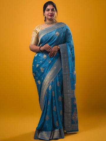 Chinnon fancy saree sky blue color allover zari weaves & zari border with rich pallu and plain self blouse