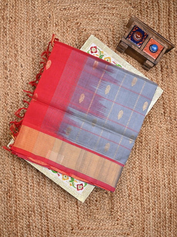 Uppada seiko pattu saree grey color allover zari motifs & kaddi border with contrast zari pallu and attached plain blouse