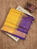 Uppada seiko pattu saree golden yellow color allover zari motifs & kaddi border with contrast zari pallu and attached plain blouse