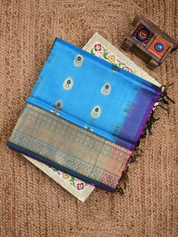 Venkatagiri pattu saree sky blue color allover zari motifs & kaddi border with rich contrast pallu and attached plain blouse