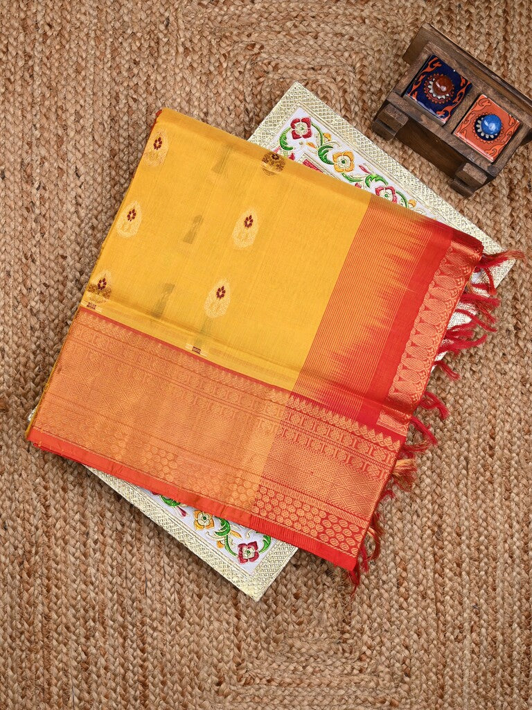 Venkatagiri pattu saree golden yellow color allover zari motifs & kaddi border with rich contrast pallu and attached plain blouse