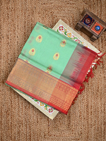 Venkatagiri pattu saree lux green color allover zari motifs & kaddi border with rich contrast pallu and attached plain blouse