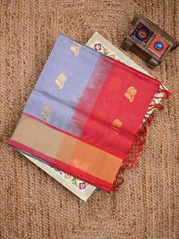 Uppada seiko pattu saree bluish grey color allover zari motifs & kaddi border with zari contrast pallu and attached plain blouse