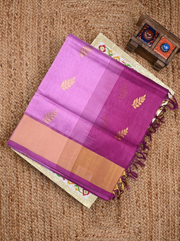 Uppada seiko pattu saree purple color allover zari motifs & kaddi border with zari contrast pallu and attached plain blouse
