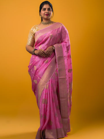 Chinnon fancy saree rose pink color allover zari weaves & zari border with rich pallu and plain self blouse