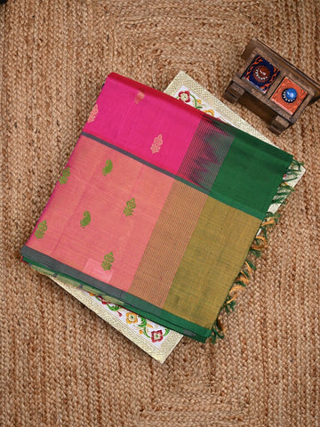 Uppada seiko pattu saree pink color allover zari motifs & kaddi border with zari contrast pallu and attached plain blouse