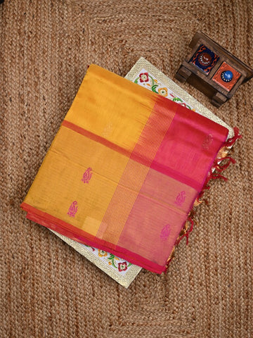 Uppada seiko pattu saree golden yellow color allover zari motifs & kaddi border with zari contrast pallu and attached plain blouse