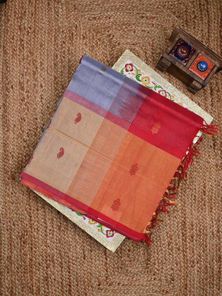 Uppada seiko pattu saree bluish grey color allover zari motifs & kaddi border with zari contrast pallu and attached plain blouse