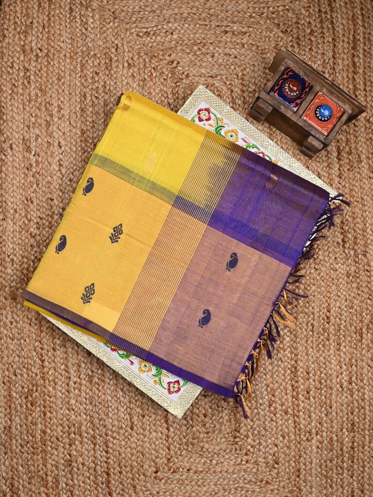 Uppada seiko pattu saree yellow color allover zari motifs & kaddi border with zari contrast pallu and attached plain blouse