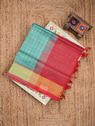Uppada seiko pattu saree light blue color allover checks & kaddi border with zari contrast pallu and attached plain blouse