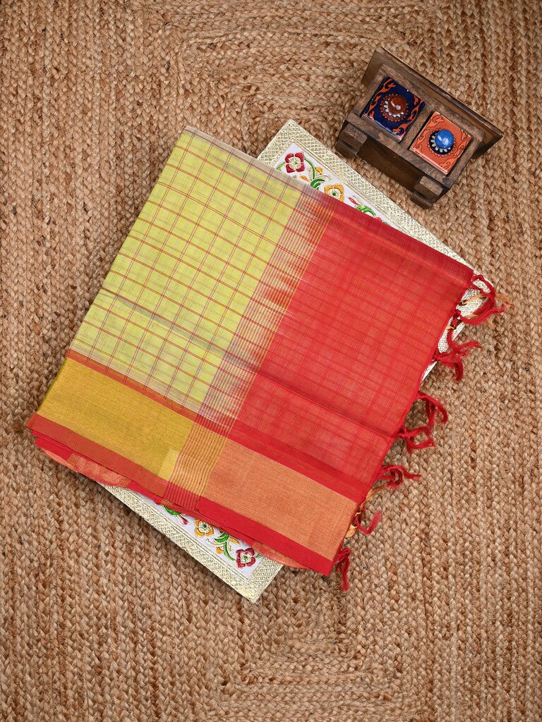 Uppada seiko pattu saree pastel yellow color allover checks & kaddi border with zari contrast pallu and attached plain blouse