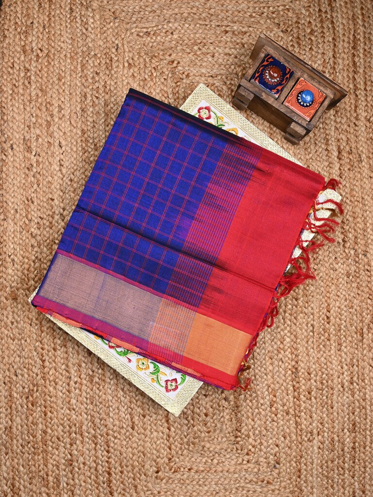 Uppada seiko pattu saree royal blue color allover checks & kaddi border with zari contrast pallu and attached plain blouse