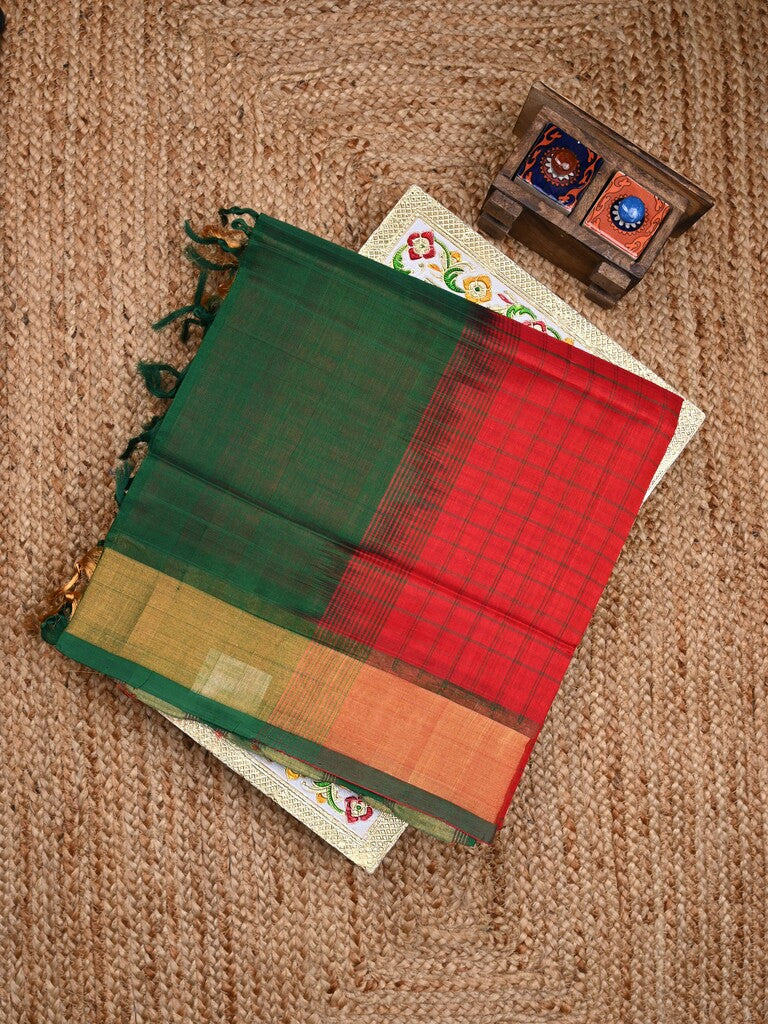 Uppada seiko pattu saree red color allover checks & kaddi border with zari contrast pallu and attached plain blouse