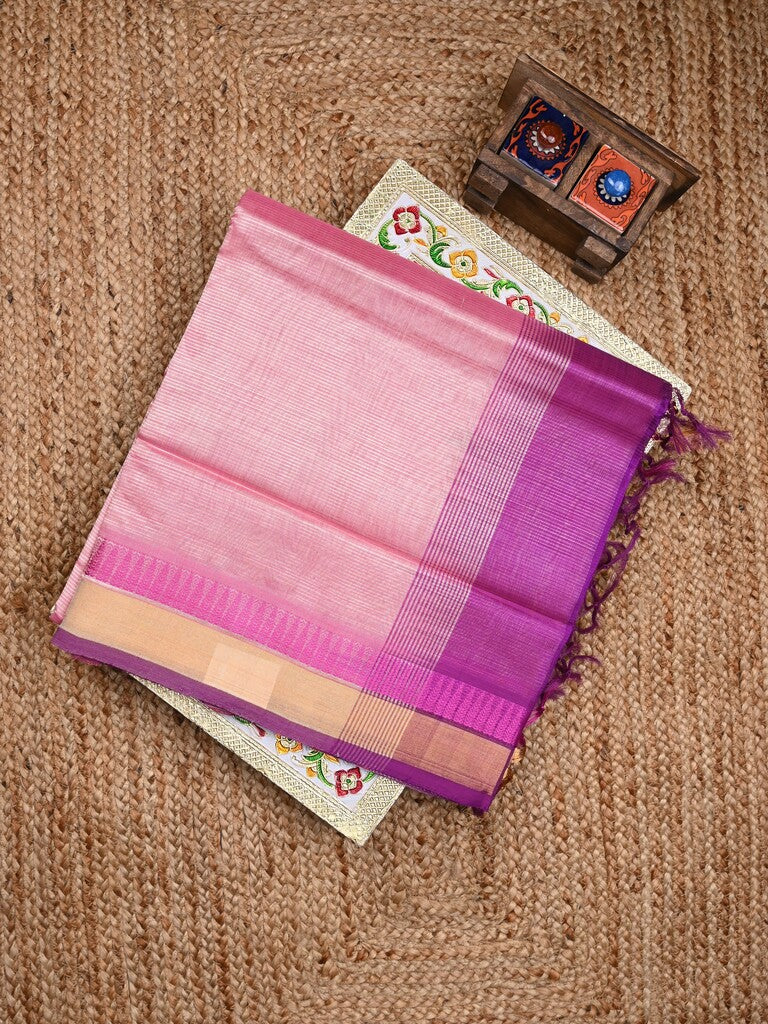 Uppada seiko pattu saree baby pink color allover plain & temple border with zari contrast pallu and attached plain blouse