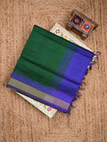 Uppada seiko pattu saree bottle green color allover plain & temple border with zari contrast pallu and attached plain blouse