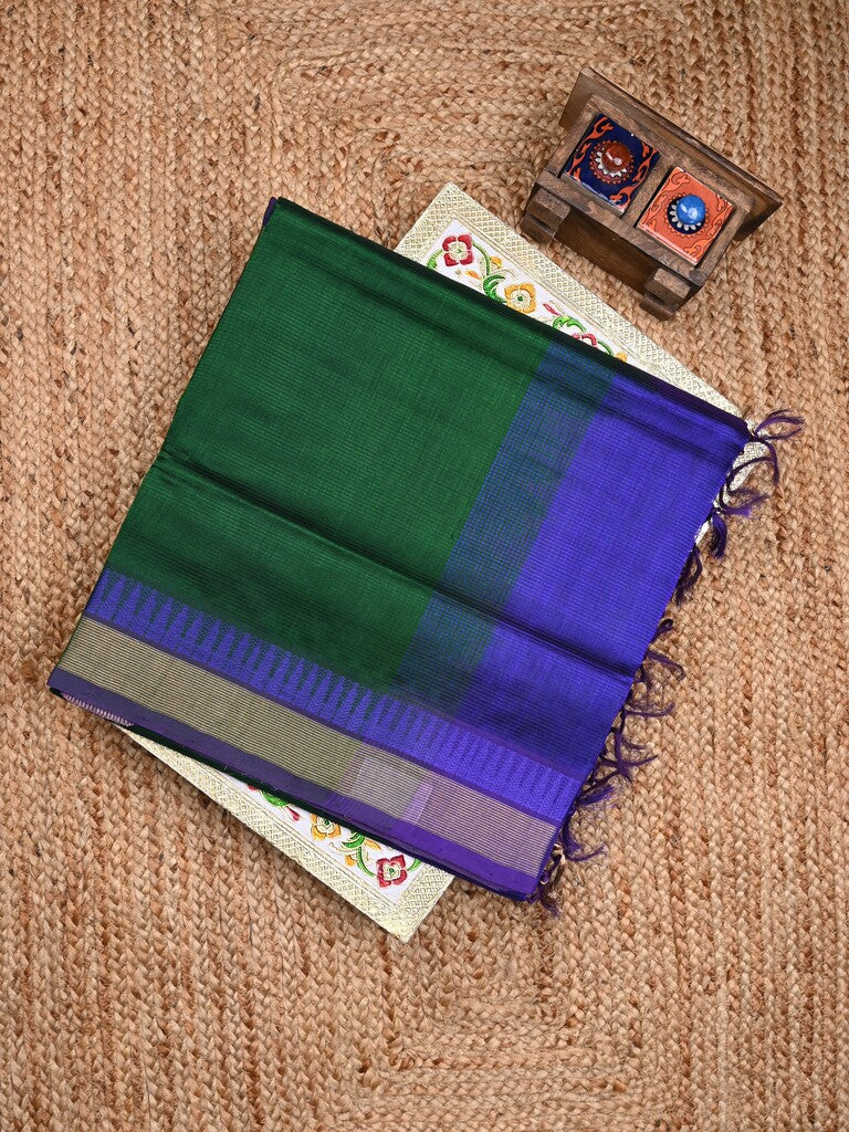 Uppada seiko pattu saree bottle green color allover plain & temple border with zari contrast pallu and attached plain blouse