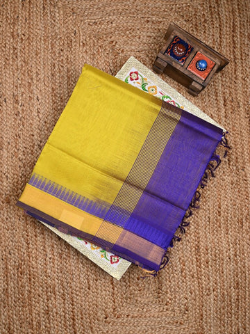 Uppada seiko pattu saree yellow color allover plain & temple border with zari contrast pallu and attached plain blouse