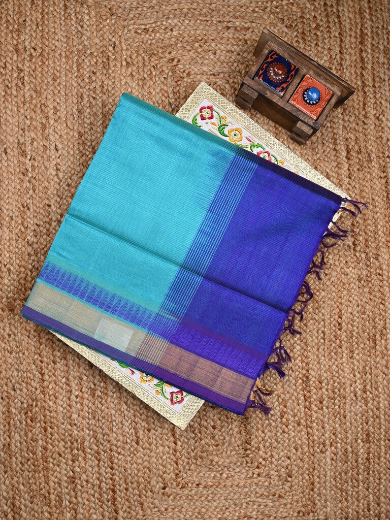 Uppada seiko pattu saree light blue color allover plain & temple border with zari contrast pallu and attached plain blouse