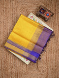 Uppada seiko pattu saree golden yellow color allover plain & temple border with zari contrast pallu and attached plain blouse