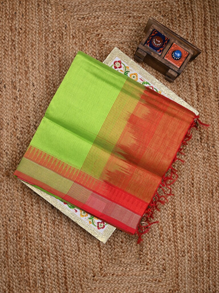 Uppada seiko pattu saree parrot green color allover plain & temple border with zari contrast pallu and attached plain blouse