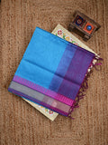 Uppada seiko pattu saree sky blue color allover plain & temple border with zari contrast pallu and attached plain blouse