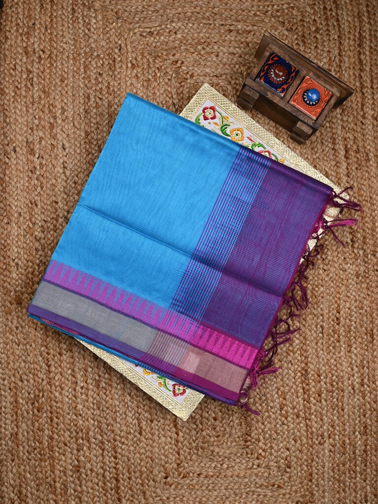 Uppada seiko pattu saree sky blue color allover plain & temple border with zari contrast pallu and attached plain blouse