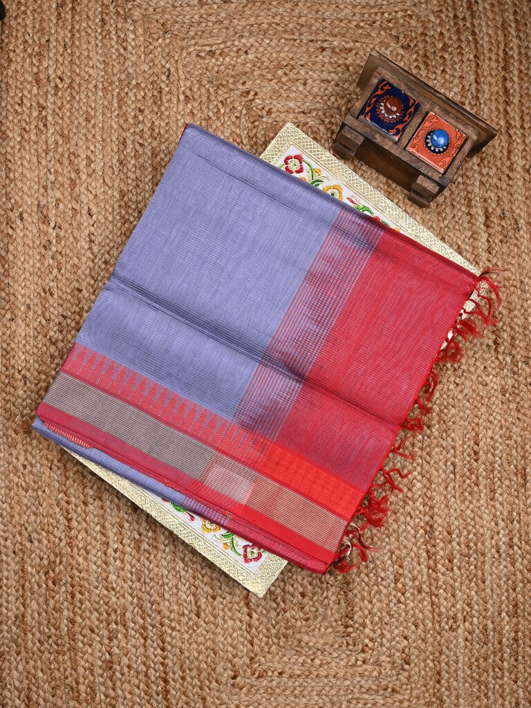 Uppada seiko pattu saree bluish grey color allover plain & temple border with zari contrast pallu and attached plain blouse