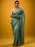 Chinnon fancy saree cyan blue color allover zari weaves & zari border with rich pallu and plain self blouse
