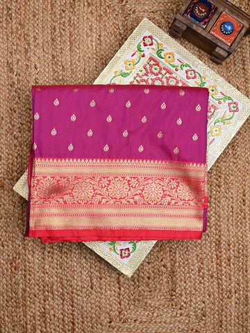 Banaras fancy saree magenta color allover zari motifs & zari contrast border with rich pallu and plain blouse