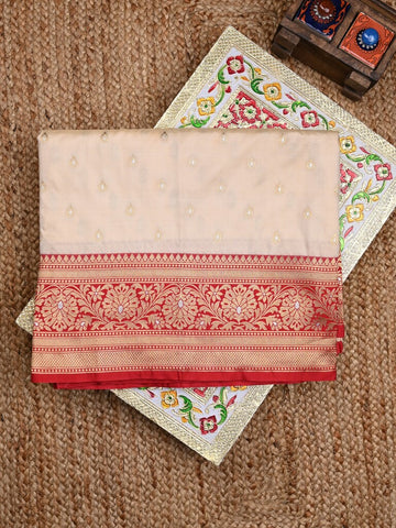 Banaras fancy saree half white color allover zari motifs & zari contrast border with rich pallu and plain blouse