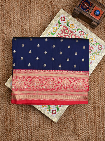 Banaras fancy saree navy blue color allover zari motifs & zari contrast border with rich pallu and plain blouse