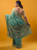Chinnon fancy saree cyan blue color allover zari weaves & zari border with rich pallu and plain self blouse