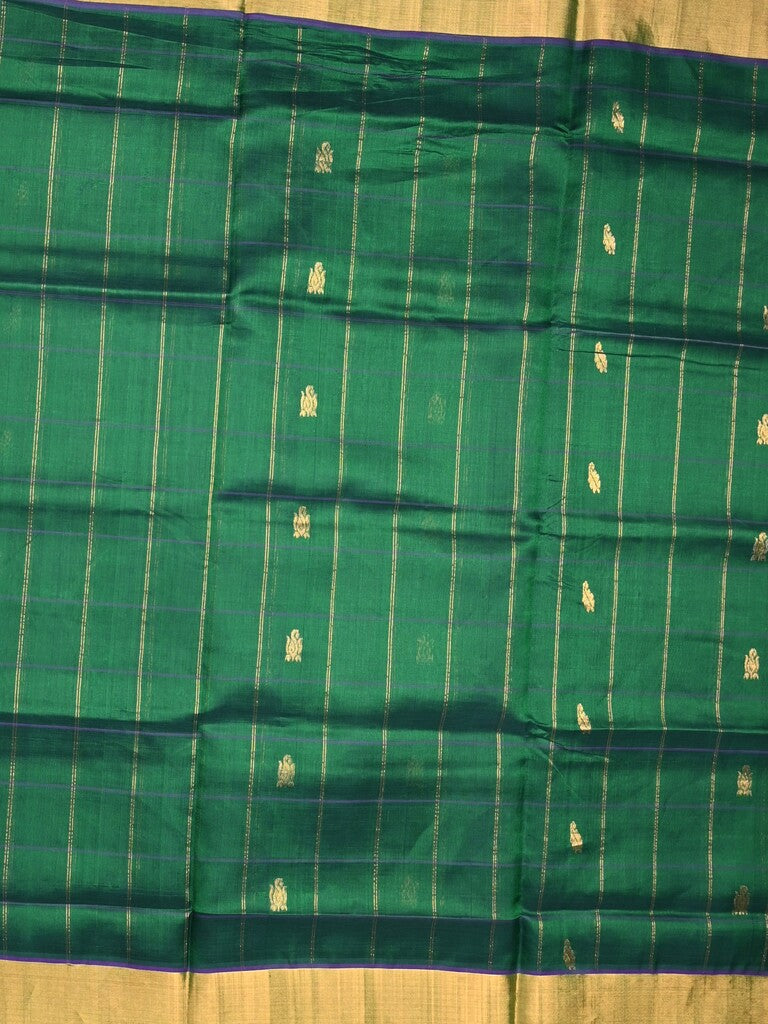 Uppada seiko pattu saree bottle green color allover zari motifs & kaddi border with contrast zari pallu and attached plain blouse