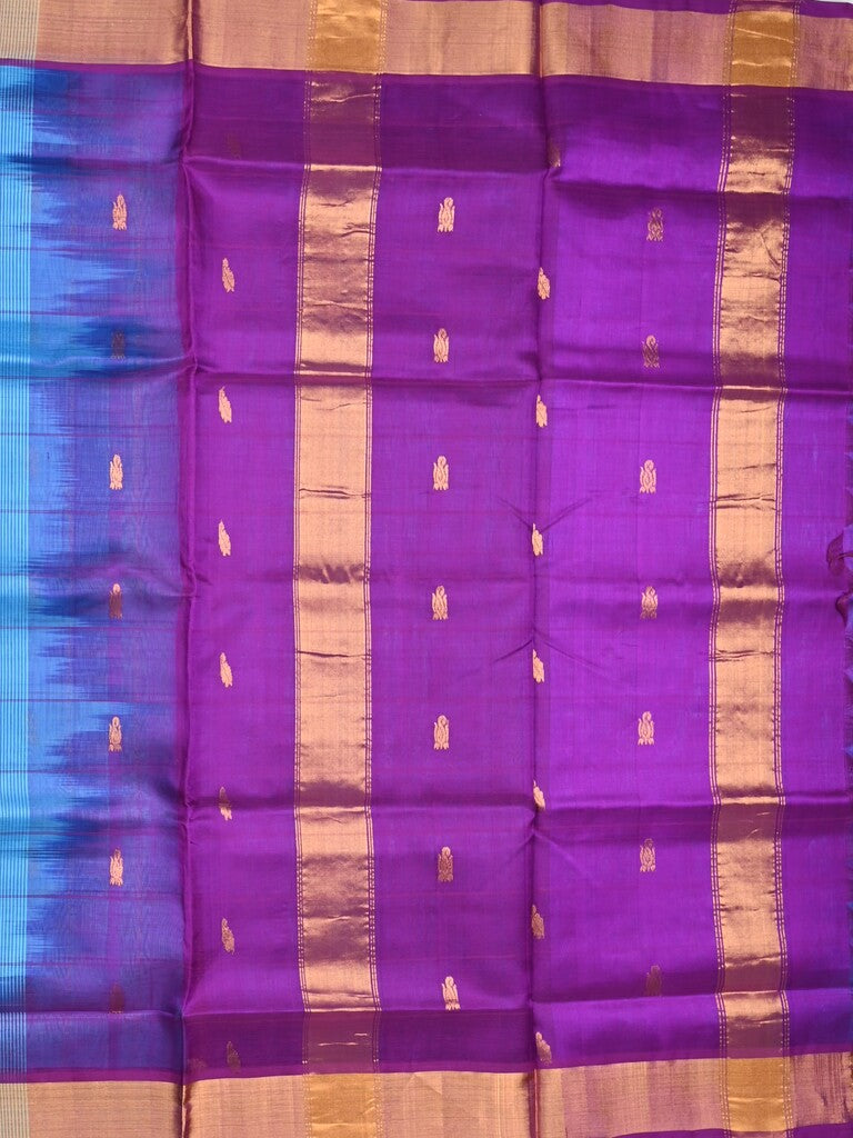 Uppada seiko pattu saree sky blue color allover zari motifs & kaddi border with contrast zari pallu and attached plain blouse