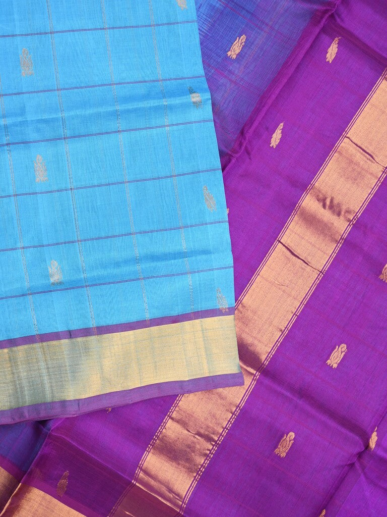 Uppada seiko pattu saree sky blue color allover zari motifs & kaddi border with contrast zari pallu and attached plain blouse