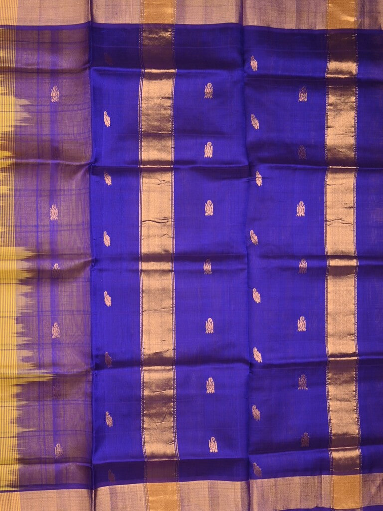 Uppada seiko pattu saree golden yellow color allover zari motifs & kaddi border with contrast zari pallu and attached plain blouse