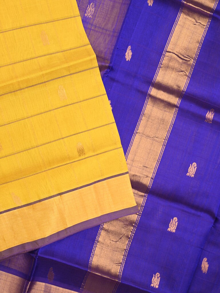 Uppada seiko pattu saree golden yellow color allover zari motifs & kaddi border with contrast zari pallu and attached plain blouse