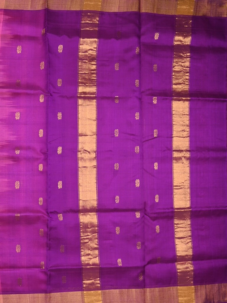 Uppada seiko pattu saree pink color allover zari motifs & kaddi border with contrast zari pallu and attached plain blouse