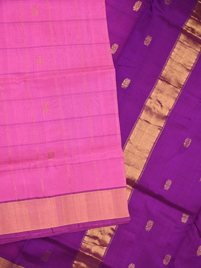 Uppada seiko pattu saree pink color allover zari motifs & kaddi border with contrast zari pallu and attached plain blouse