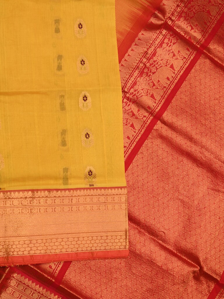 Venkatagiri pattu saree golden yellow color allover zari motifs & kaddi border with rich contrast pallu and attached plain blouse