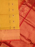 Venkatagiri pattu saree golden yellow color allover zari motifs & kaddi border with rich contrast pallu and attached plain blouse