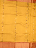 Venkatagiri pattu saree golden yellow color allover zari motifs & kaddi border with rich contrast pallu and attached plain blouse