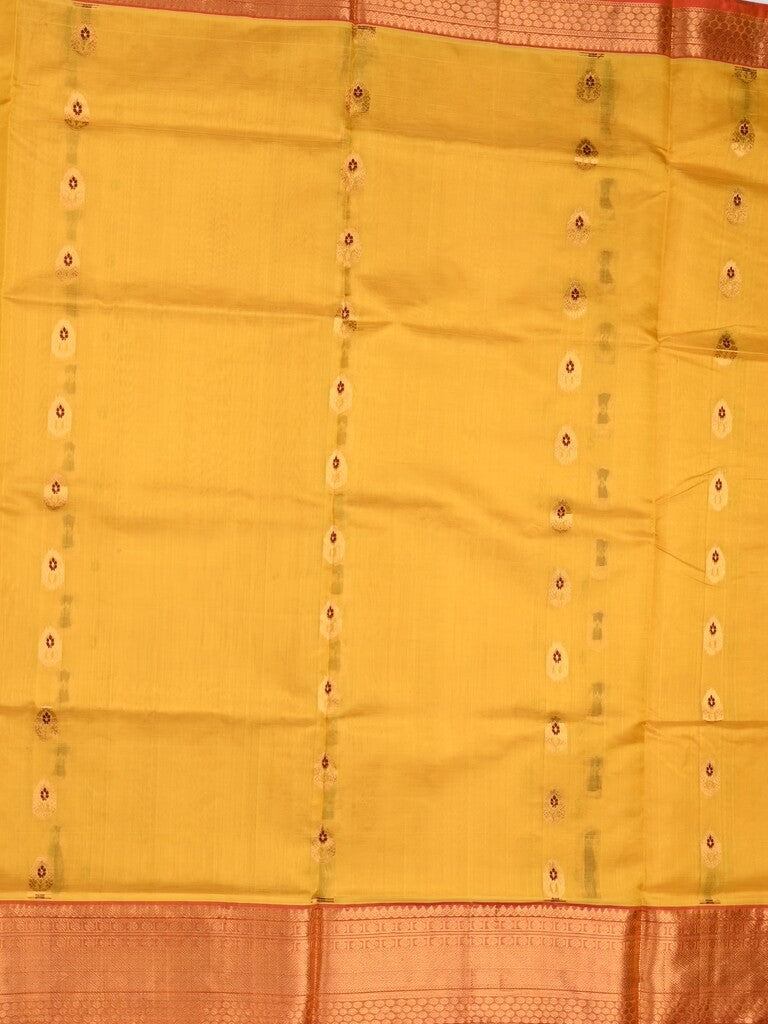 Venkatagiri pattu saree golden yellow color allover zari motifs & kaddi border with rich contrast pallu and attached plain blouse